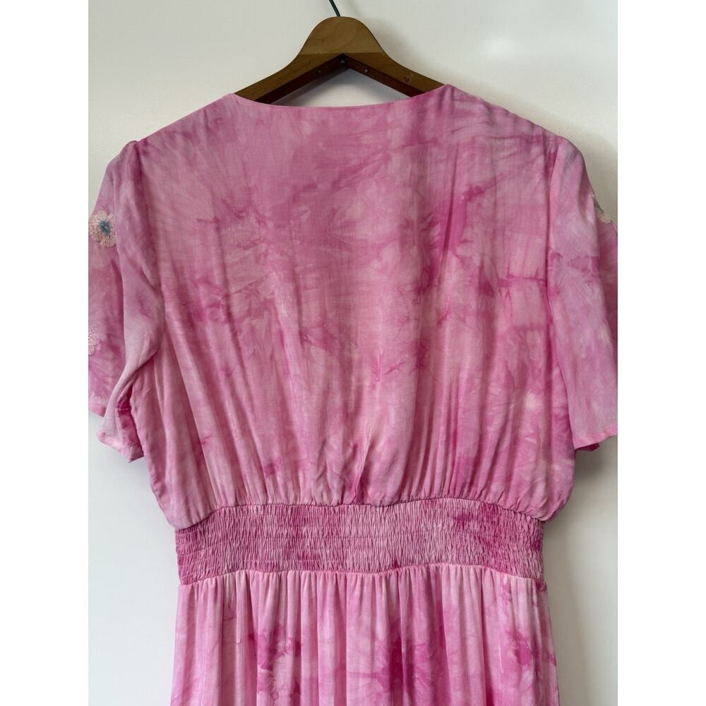 Savanna Jane M Pink Tie Dye Floral Embroidery Maxi Dress Lined V Neck - Picture 4 of 10